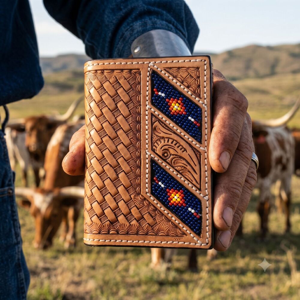 Western Tooled Saddle Tan Leather Tri-Fold Wallet Basketweave Beaded